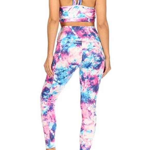 Activewear Set Leggings & Cropped Top Tank Tie Dye High Waist Athletic Pink M - Picture 6 of 7